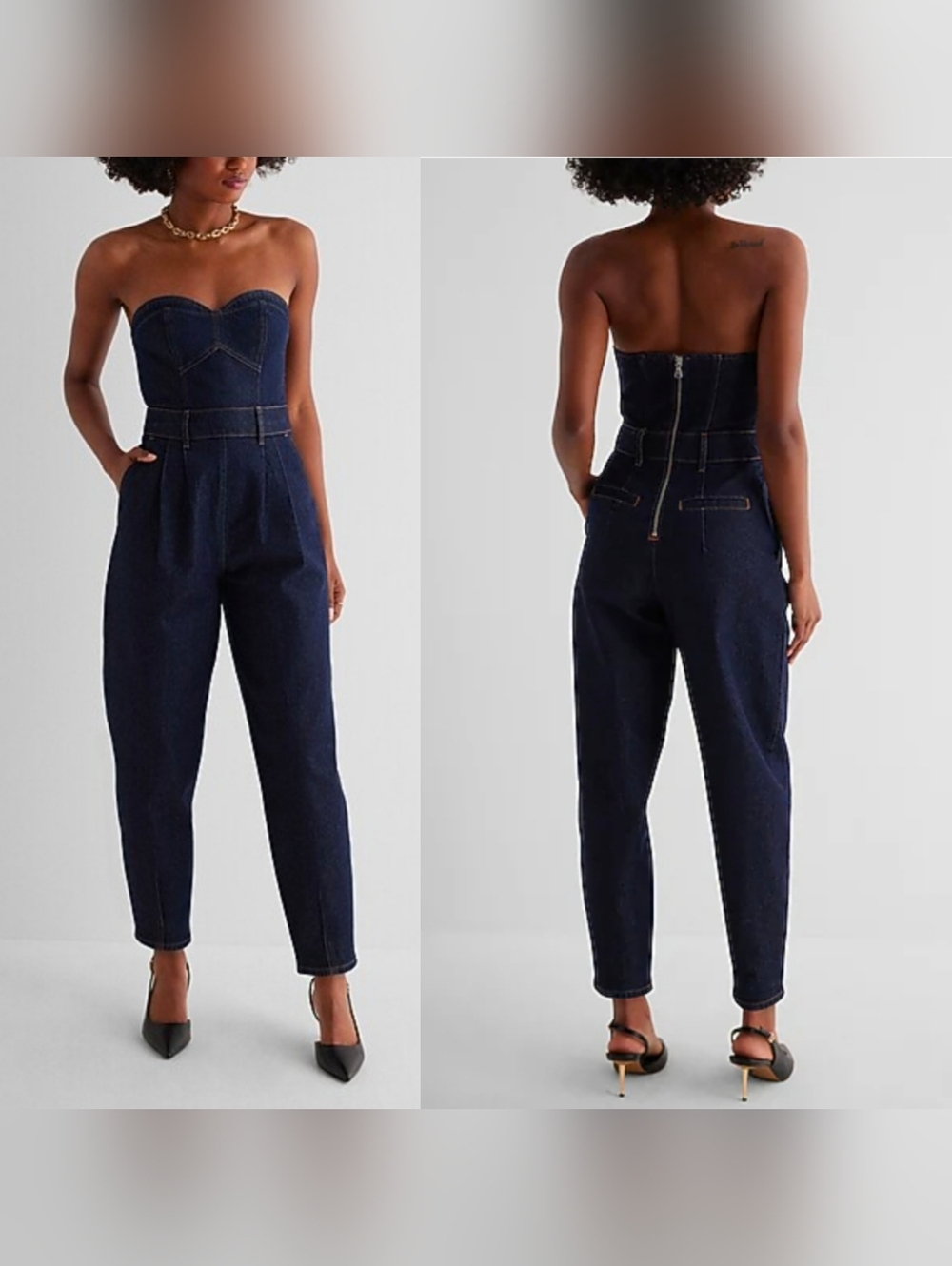 NWOT $109 Express Dark Blue Wash DENIM BUSTIER Corset JUMPSUIT Women's 6 Barrel